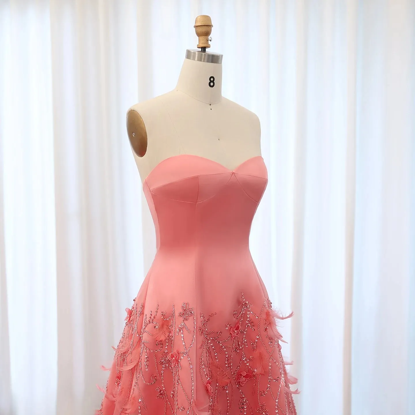 Coral Pink 3D Floral Evening Gown with Feathers