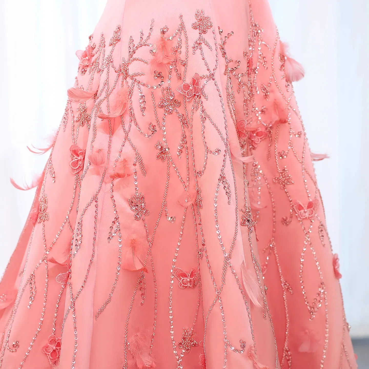 Coral Pink 3D Floral Evening Gown with Feathers