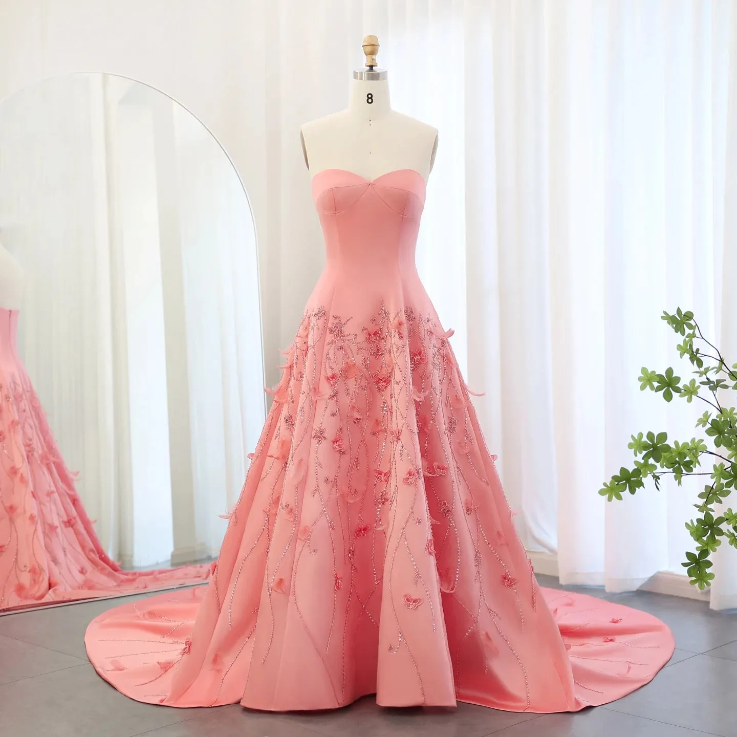 Coral Pink 3D Floral Evening Gown with Feathers