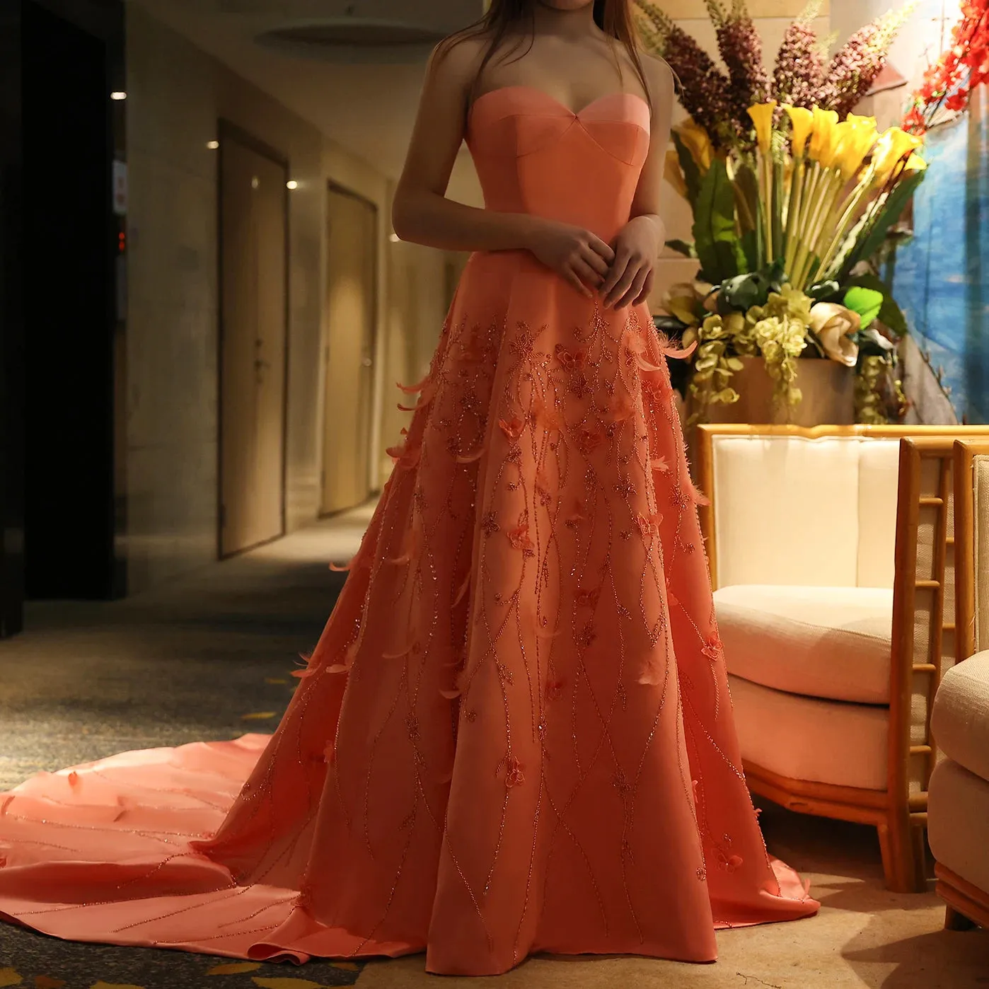 Coral Pink 3D Floral Evening Gown with Feathers