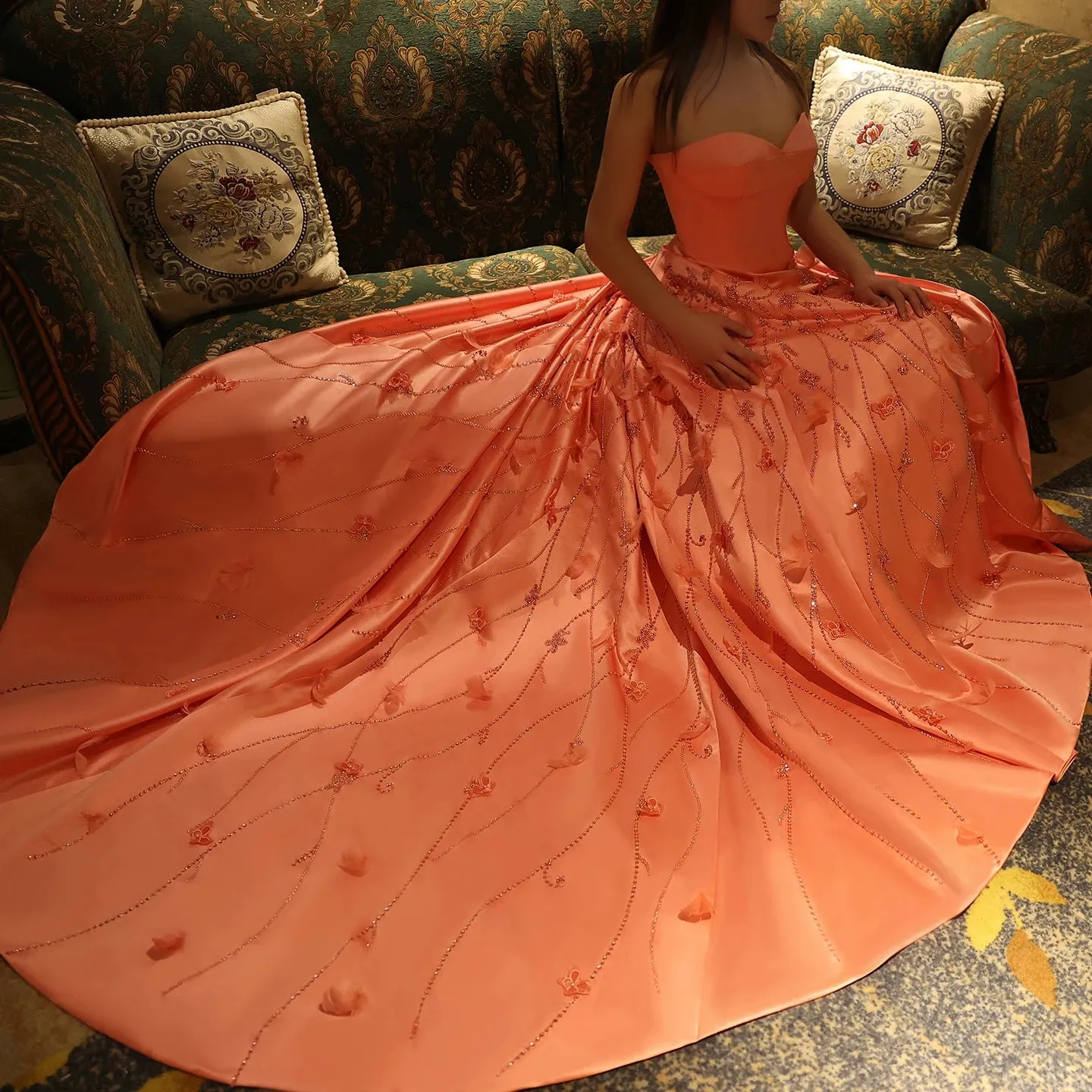 Coral Pink 3D Floral Evening Gown with Feathers