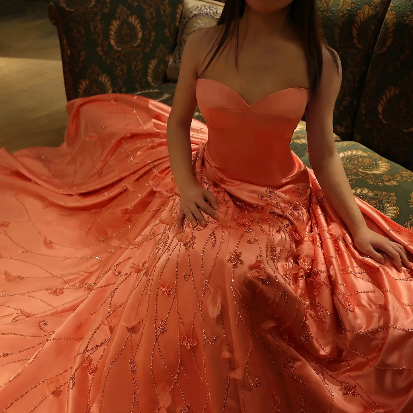 Coral Pink 3D Floral Evening Gown with Feathers
