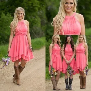 Coral Short Bridesmaid Dresses with Boots | Watermelon Bridesmaid Dresses #FS094