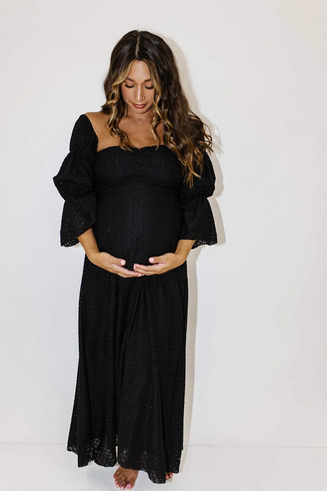 Corrine Tiered Sleeve Maxi Dress with Pockets in Black - Bump Friendly