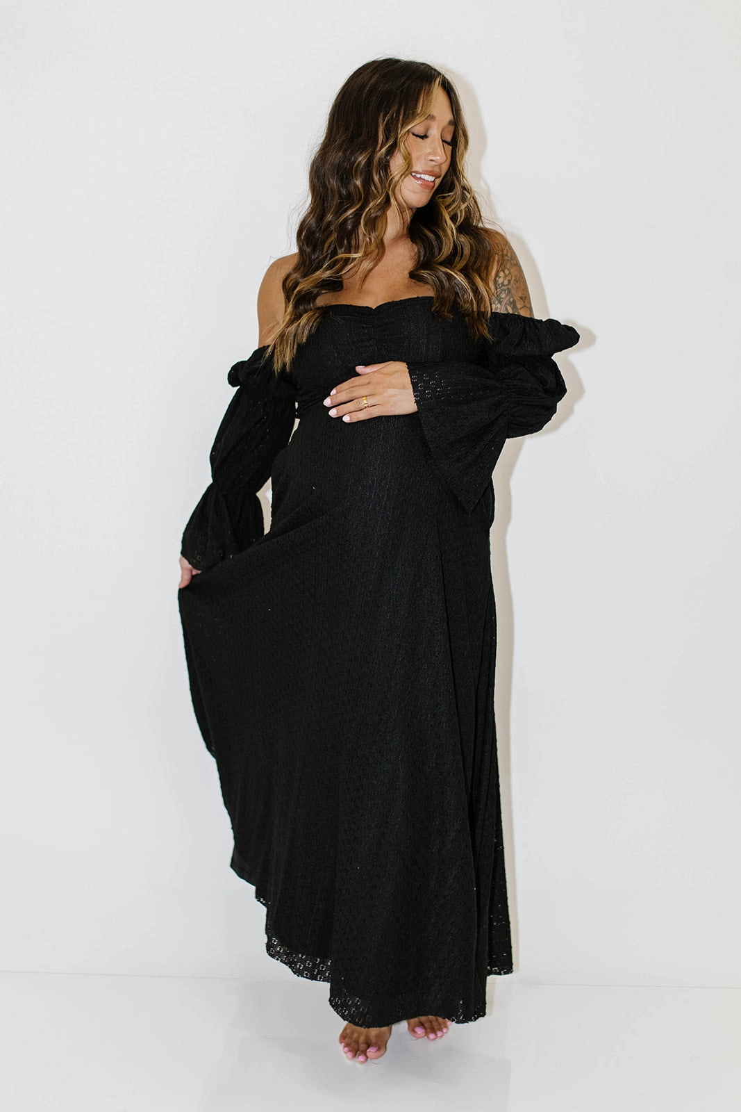 Corrine Tiered Sleeve Maxi Dress with Pockets in Black - Bump Friendly