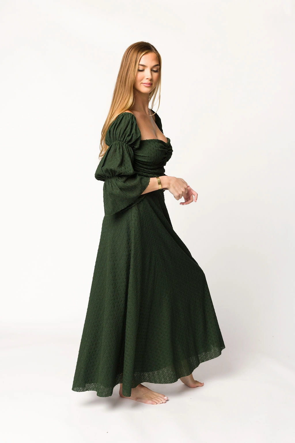 Corrine Tiered Sleeve Maxi Dress with Pockets in Hunter Green - Bump Friendly