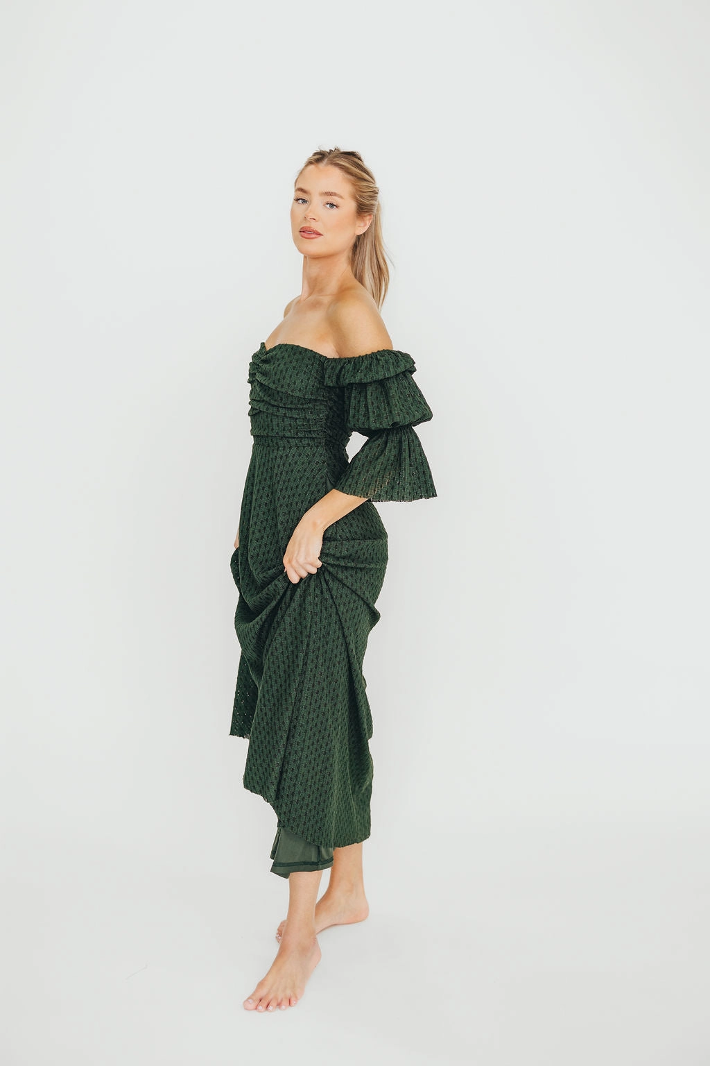 Corrine Tiered Sleeve Maxi Dress with Pockets in Hunter Green - Bump Friendly