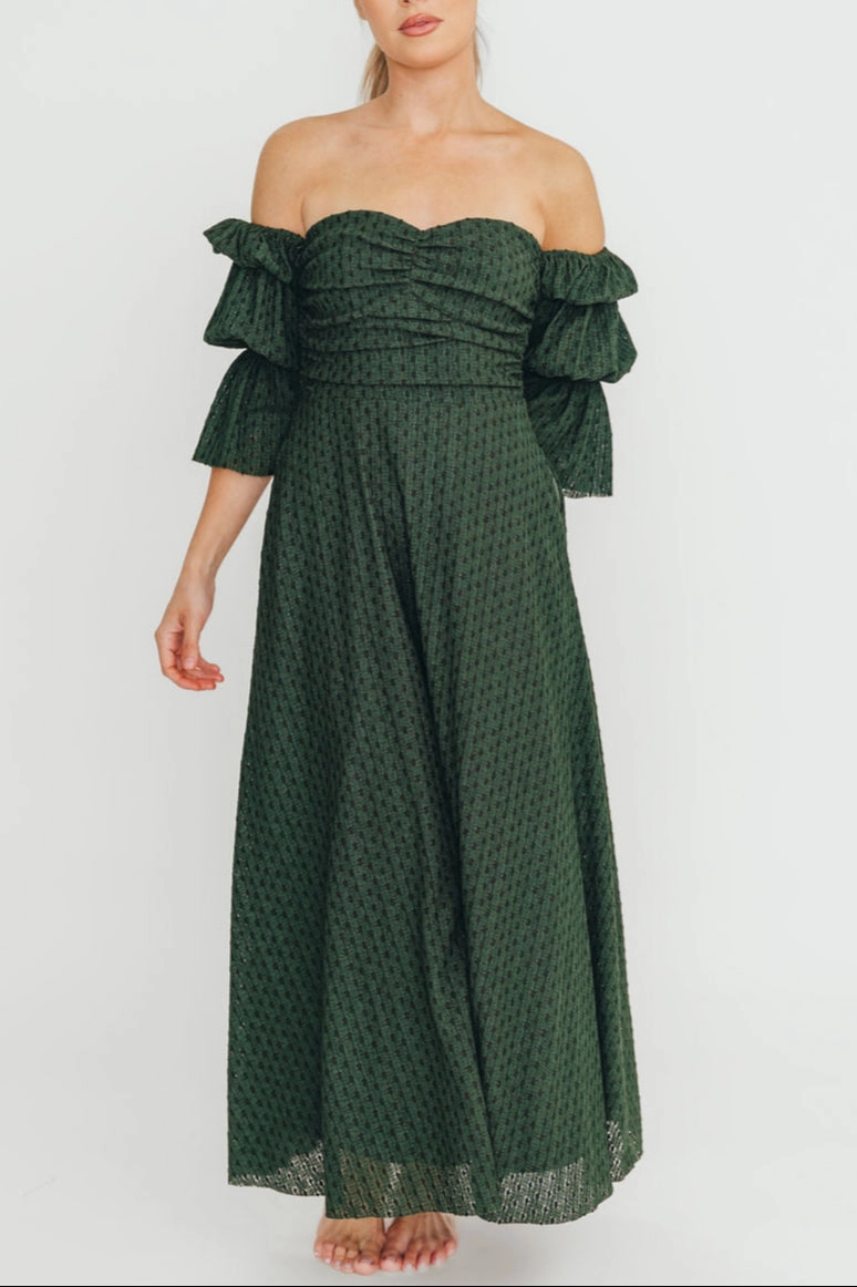 Corrine Tiered Sleeve Maxi Dress with Pockets in Hunter Green - Bump Friendly