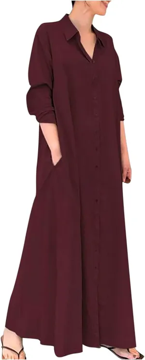 Cotton Linen Maxi Dress Women's Casual Button Down Dress Linen Long Shirt Skirt Kaftans for Women Tshirt Dresses 2025