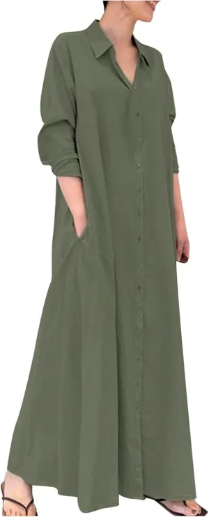 Cotton Linen Maxi Dress Women's Casual Button Down Dress Linen Long Shirt Skirt Kaftans for Women Tshirt Dresses 2025