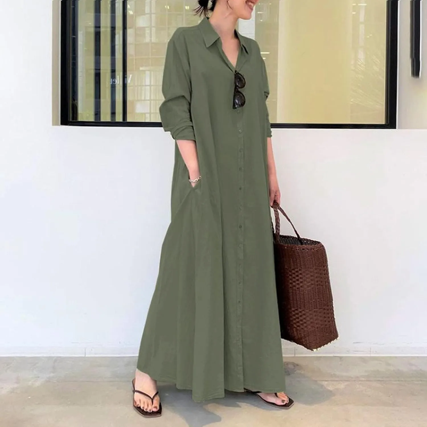 Cotton Linen Maxi Dress Women's Casual Button Down Dress Linen Long Shirt Skirt Kaftans for Women Tshirt Dresses 2025