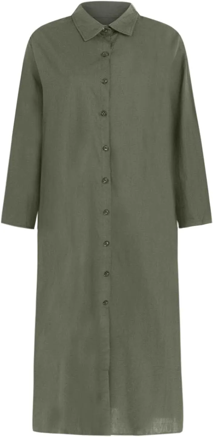Cotton Linen Maxi Dress Women's Casual Button Down Dress Linen Long Shirt Skirt Kaftans for Women Tshirt Dresses 2025