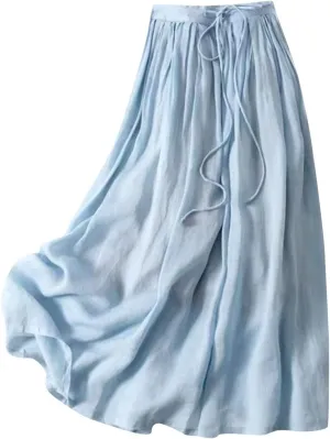 Cotton Linen Maxi Skirts for Women Trendy Summer Comfy Drawstring Waist A Line Dresses Vacation Boho Long Flowy Skirts