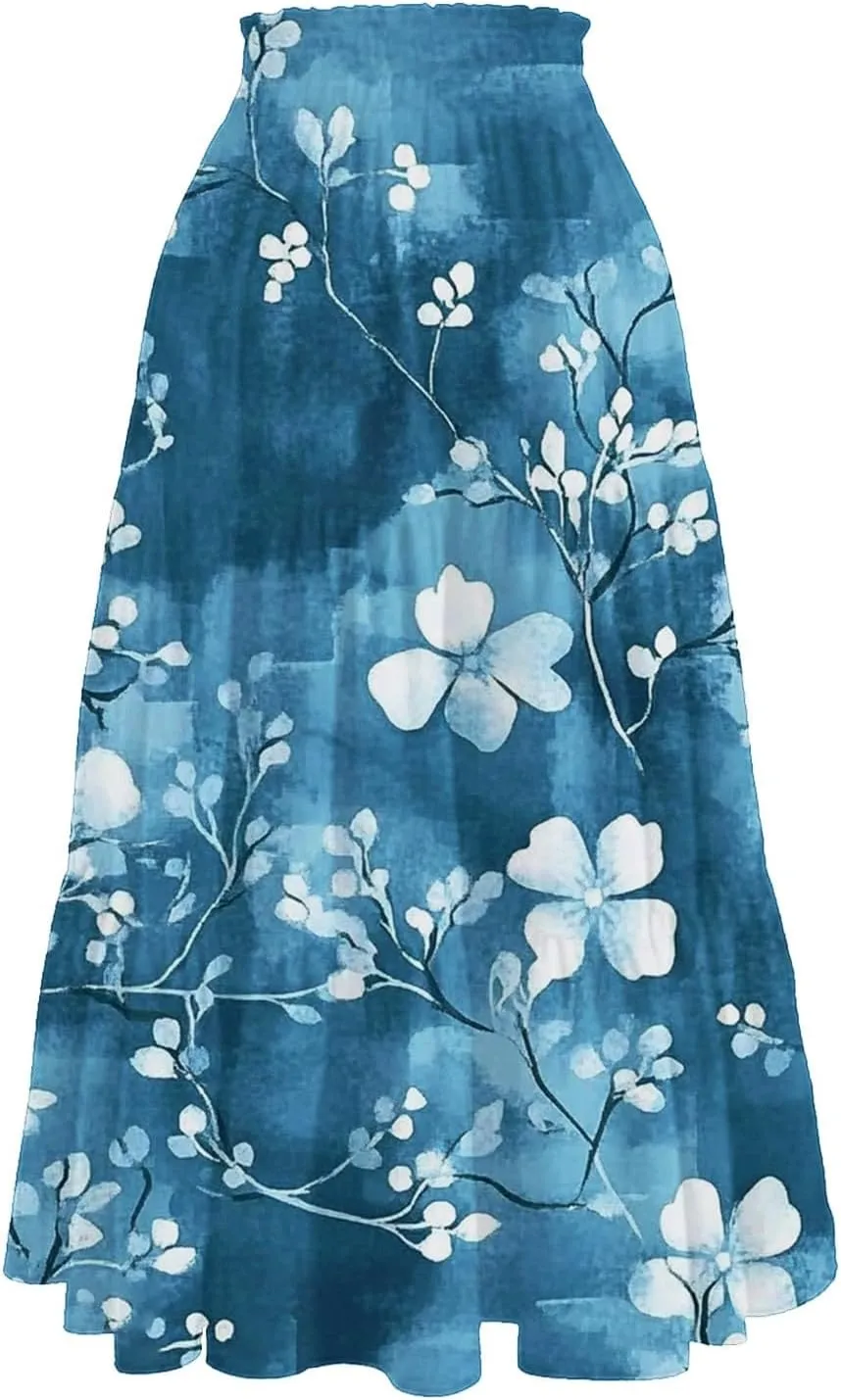 Cotton Skirt for Women Boho High Waist Flowy Maxi Skirt Summer Casual A-Line