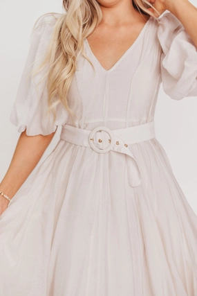 Courtney Puffed Sleeve Midi Dress with Belt in Natural Courtney Puffed Sleeve Midi Dress with Belt in Natural
