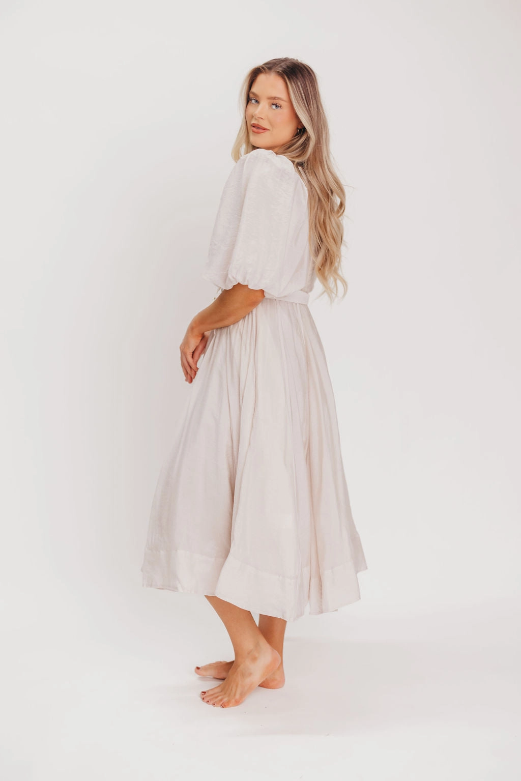 Courtney Puffed Sleeve Midi Dress with Belt in Natural