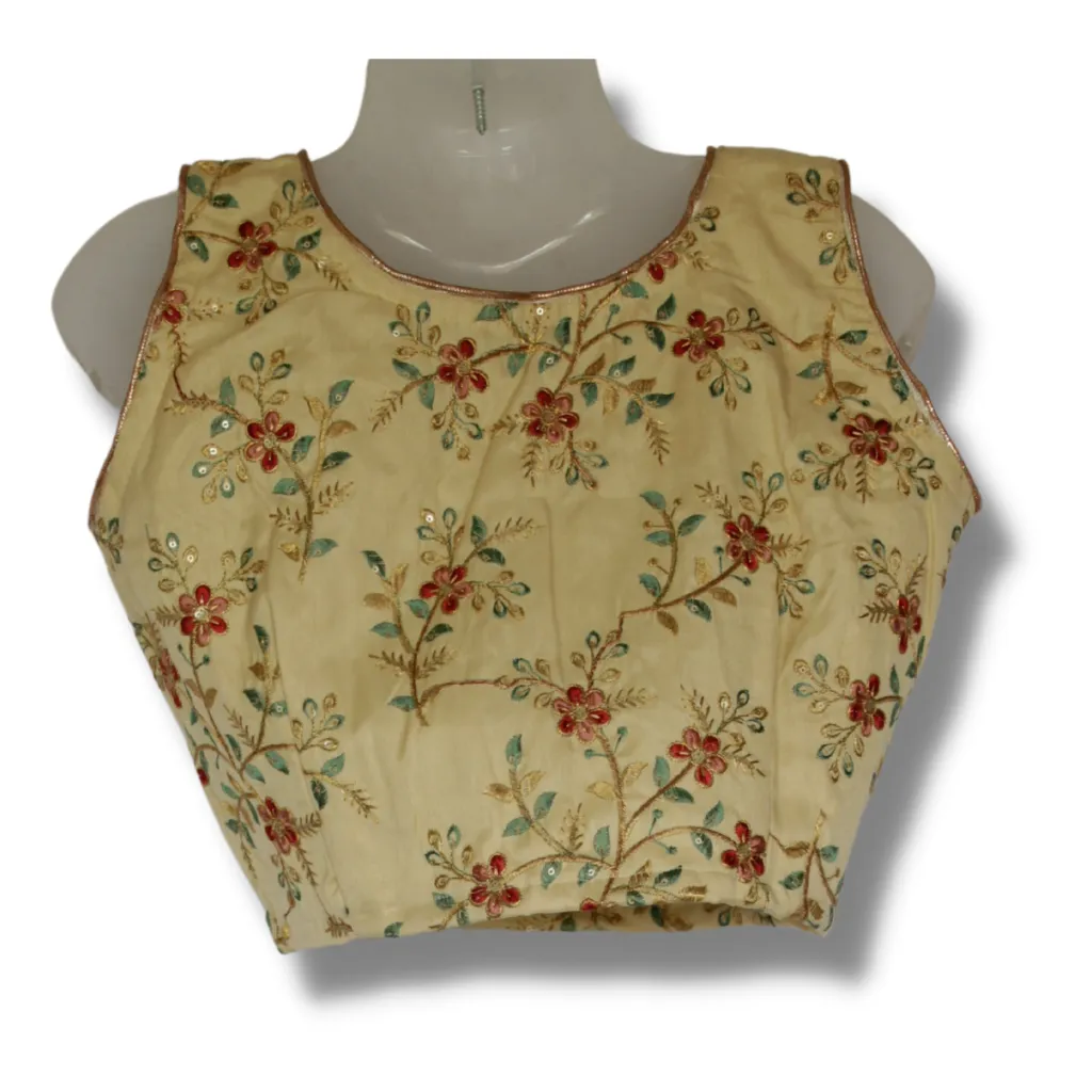 Cream Chanderi Silk Embroidered Sleeveless Blouse, Ready made blouses