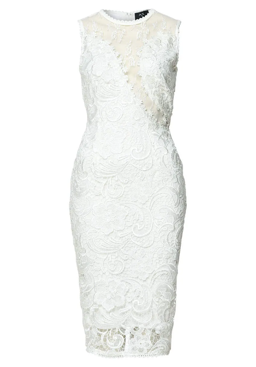 Cream Sleeveless Lace Mesh Bodycon  Midi