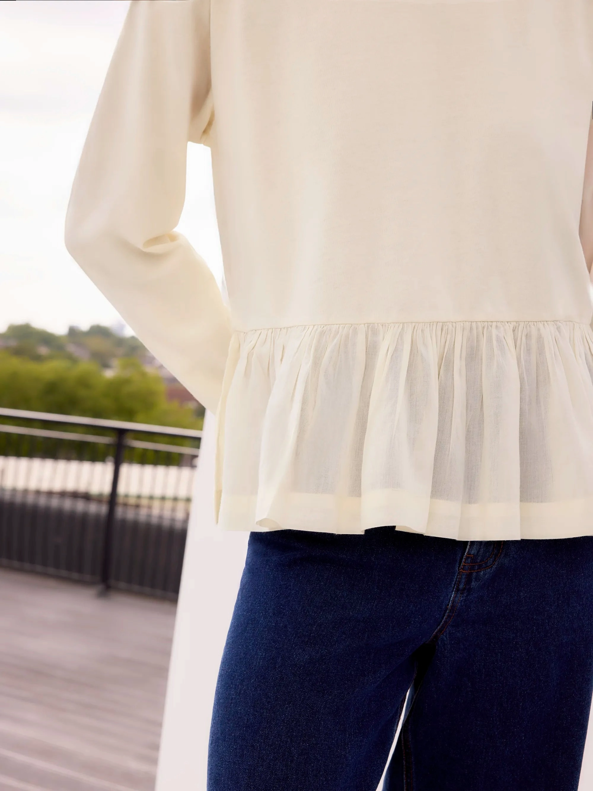 Cream Peplum-Hem Long-Sleeved Organic Cotton T-Shirt