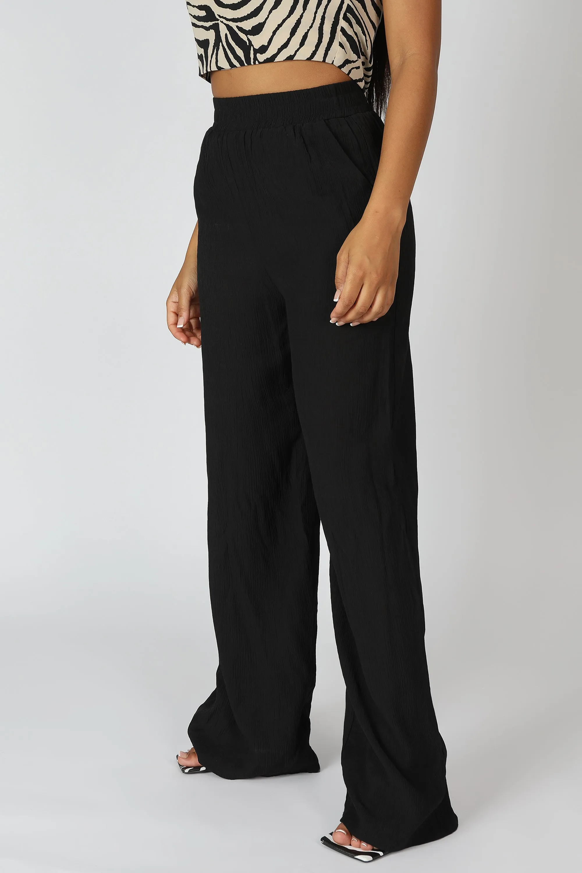 Crinkle Elasticated Waist Wide Leg Trousers Black