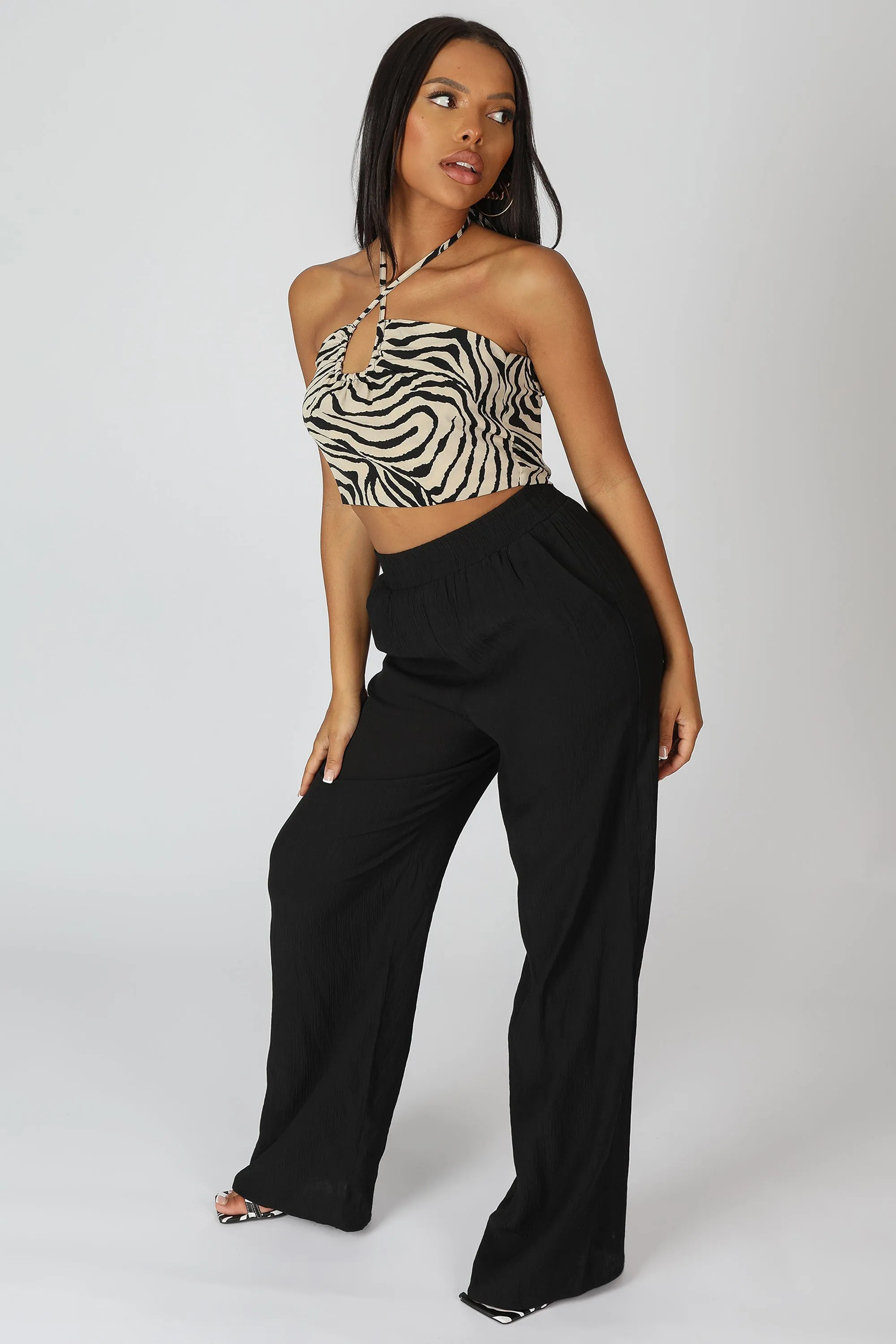 Crinkle Elasticated Waist Wide Leg Trousers Black