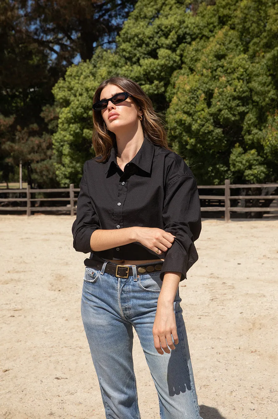 CROPPED BOXY BUTTON UP IN BLACK POPLIN