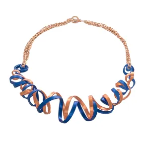 Curled Wave Abstract Statement Necklace in Copper and Blue