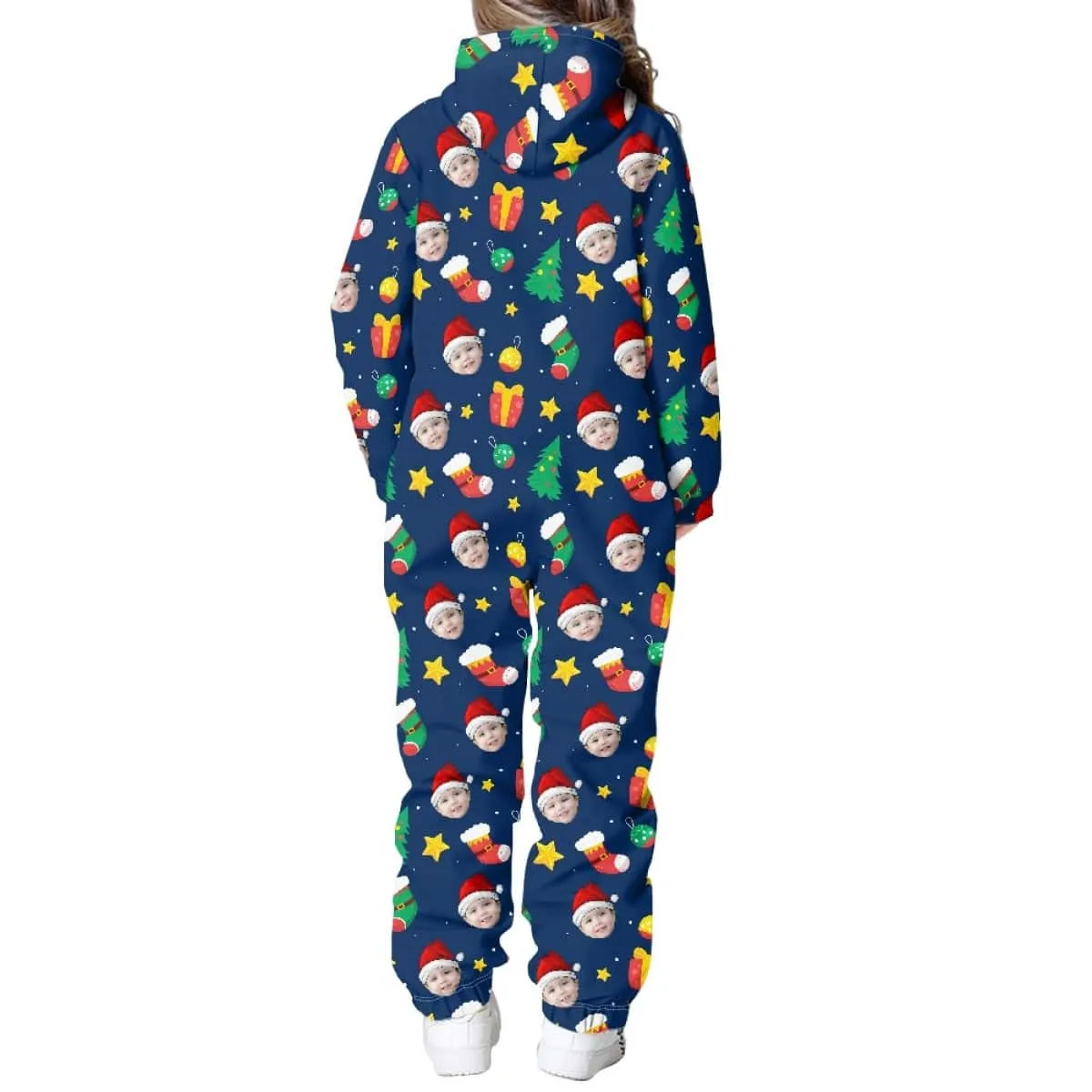 Custom Face Christmas Family Hooded Onesie Jumpsuits with Pocket Personalized Zip One-piece Pajamas for Adult kids