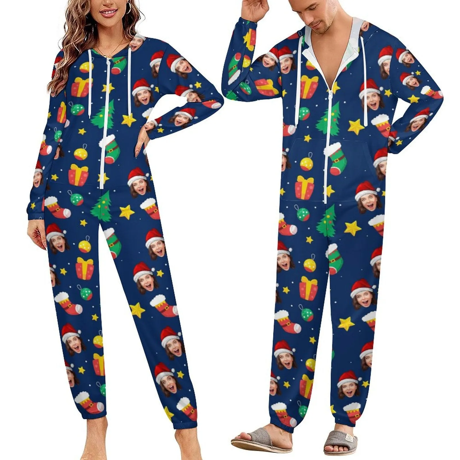 Custom Face Christmas Family Hooded Onesie Jumpsuits with Pocket Personalized Zip One-piece Pajamas for Adult kids