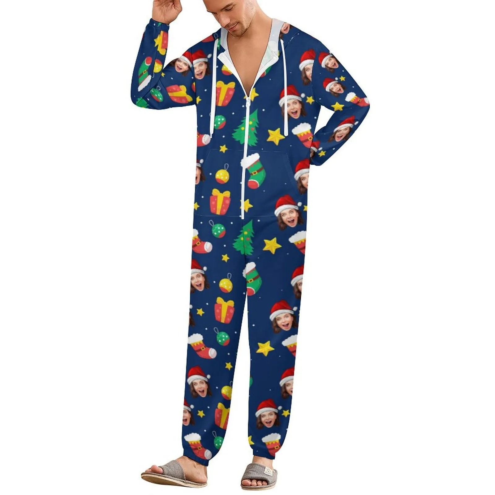Custom Face Christmas Family Hooded Onesie Jumpsuits with Pocket Personalized Zip One-piece Pajamas for Adult kids