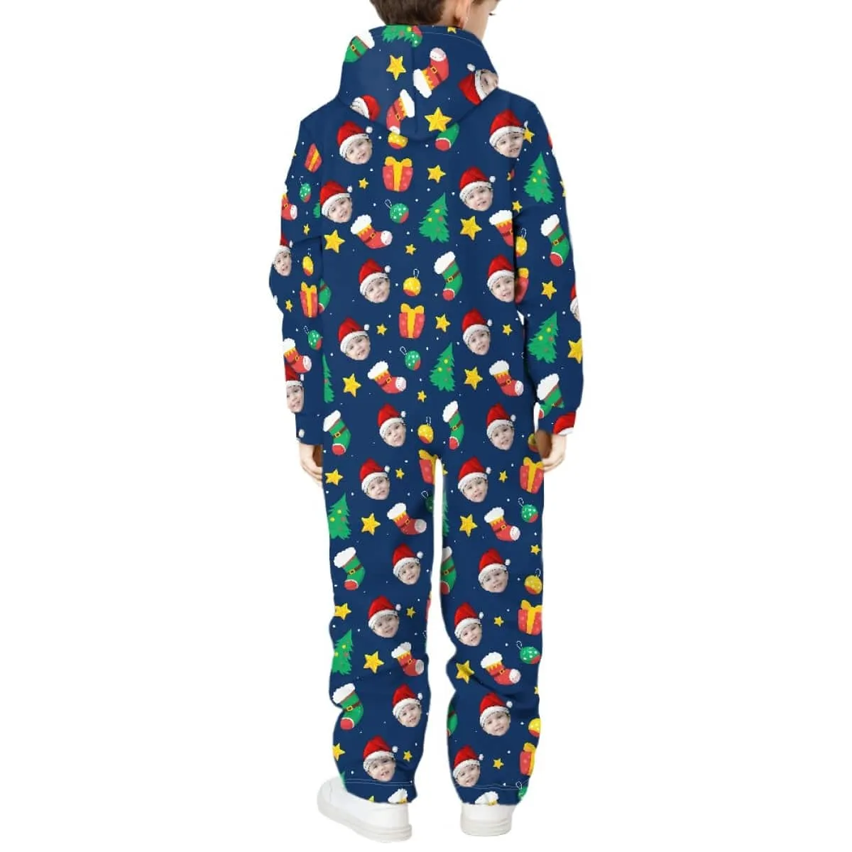 Custom Face Christmas Family Hooded Onesie Jumpsuits with Pocket Personalized Zip One-piece Pajamas for Adult kids