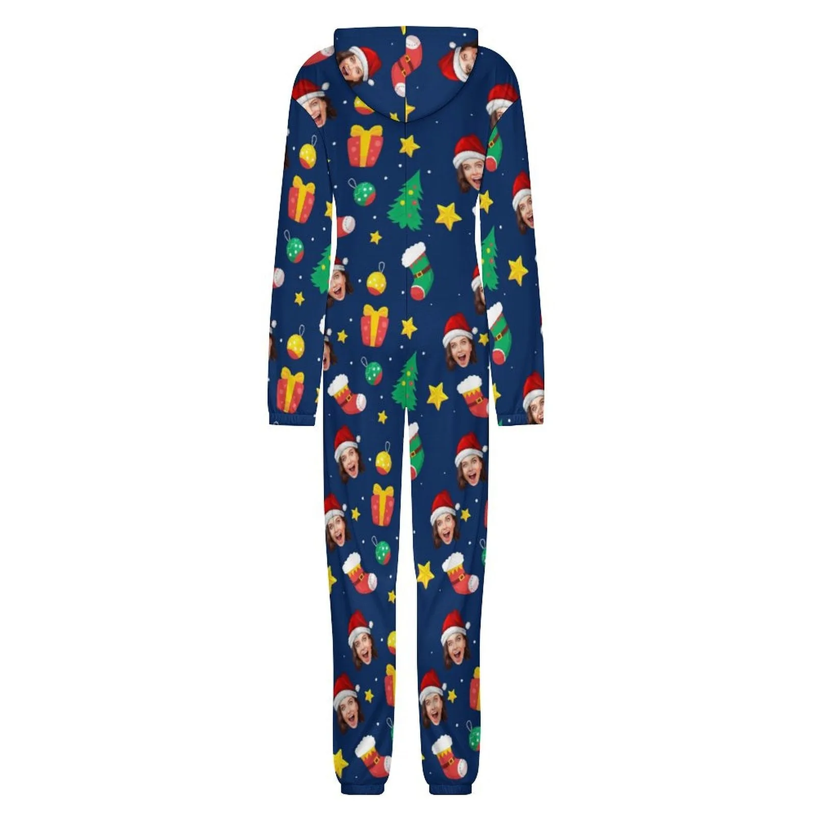 Custom Face Christmas Family Hooded Onesie Jumpsuits with Pocket Personalized Zip One-piece Pajamas for Adult kids