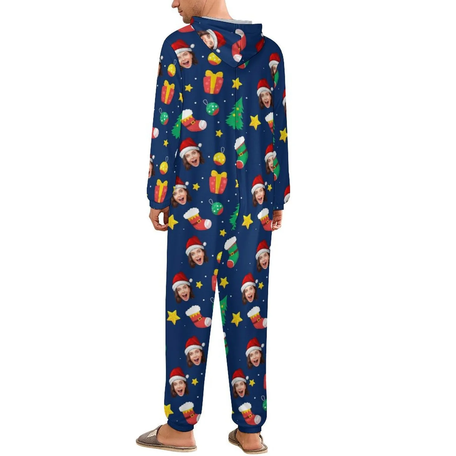 Custom Face Christmas Family Hooded Onesie Jumpsuits with Pocket Personalized Zip One-piece Pajamas for Adult kids