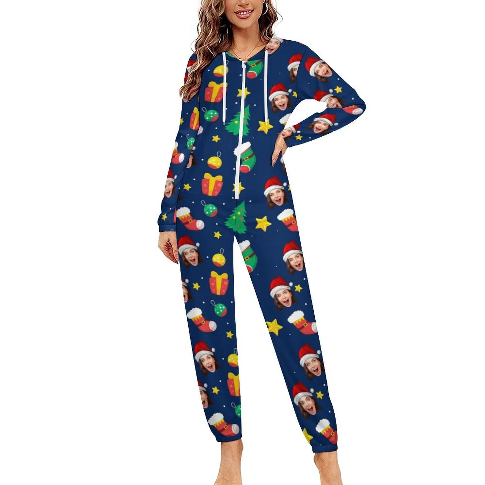 Custom Face Christmas Family Hooded Onesie Jumpsuits with Pocket Personalized Zip One-piece Pajamas for Adult kids