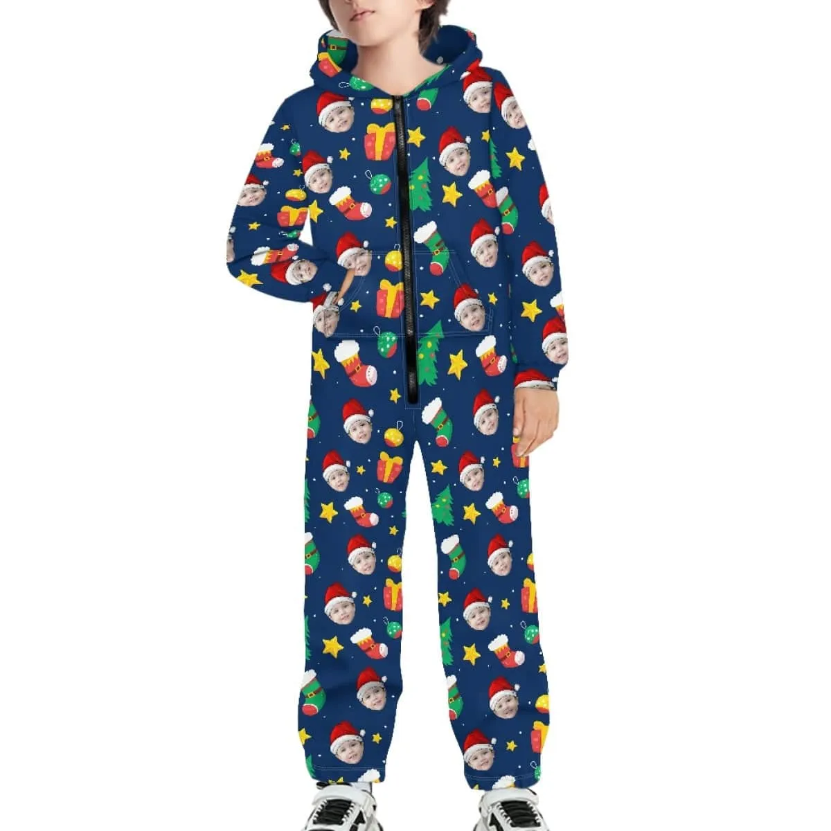 Custom Face Christmas Family Hooded Onesie Jumpsuits with Pocket Personalized Zip One-piece Pajamas for Adult kids