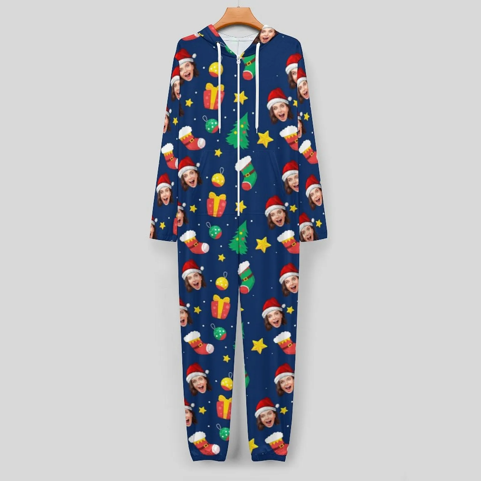 Custom Face Christmas Family Hooded Onesie Jumpsuits with Pocket Personalized Zip One-piece Pajamas for Adult kids