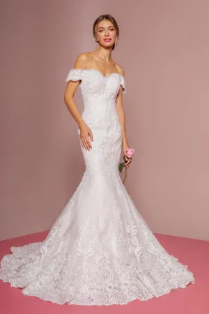 Cut-Away Shoulder Embroidered Mesh Mermaid Wedding Gown GLGL2594
