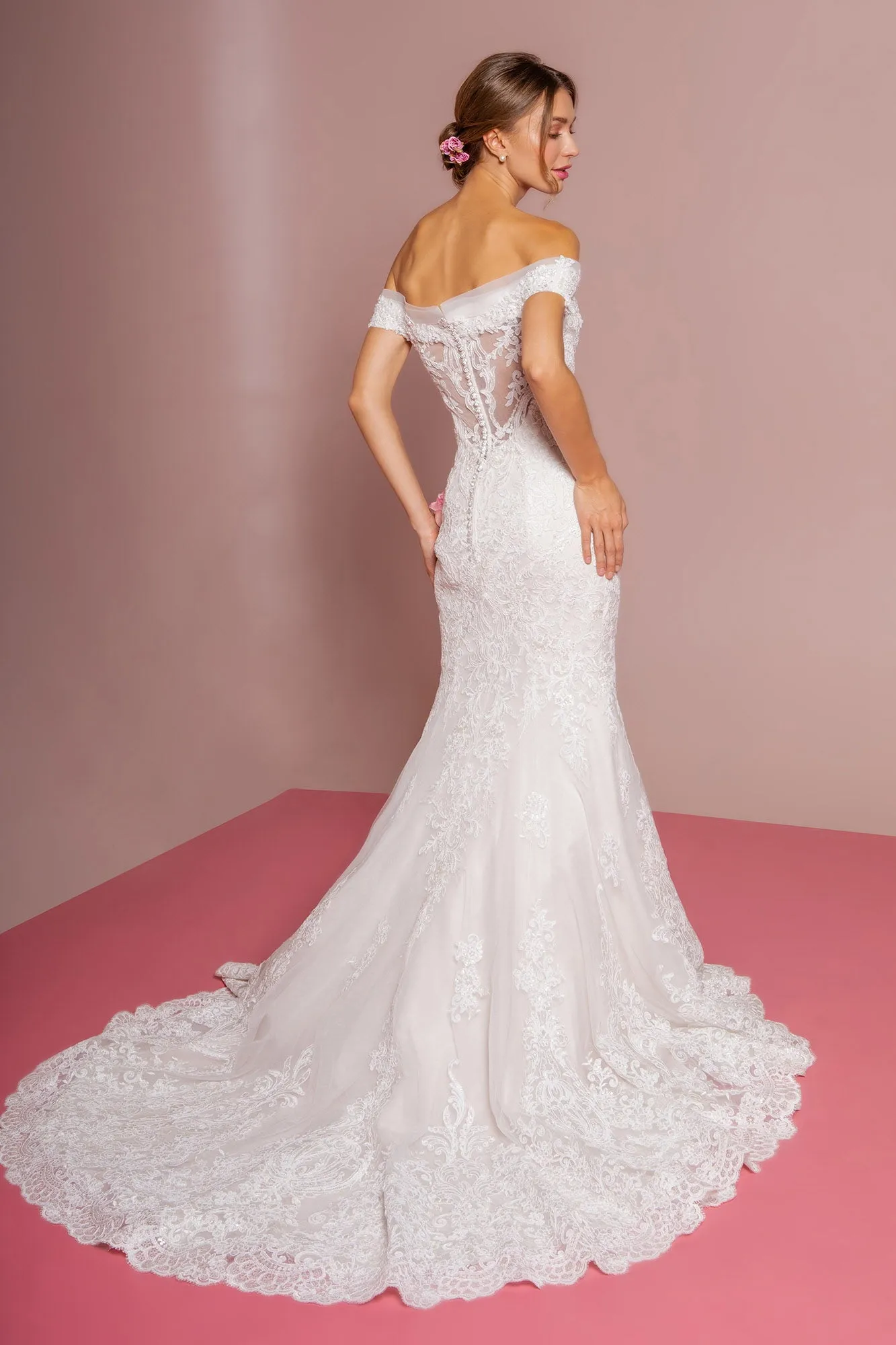 Cut-Away Shoulder Embroidered Mesh Mermaid Wedding Gown GLGL2594