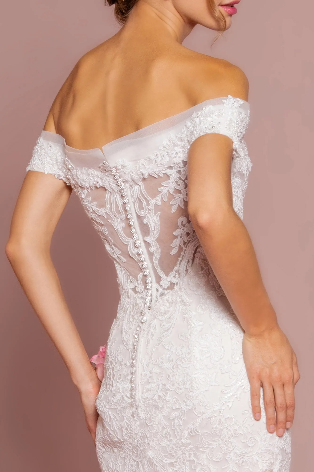 Cut-Away Shoulder Embroidered Mesh Mermaid Wedding Gown GLGL2594