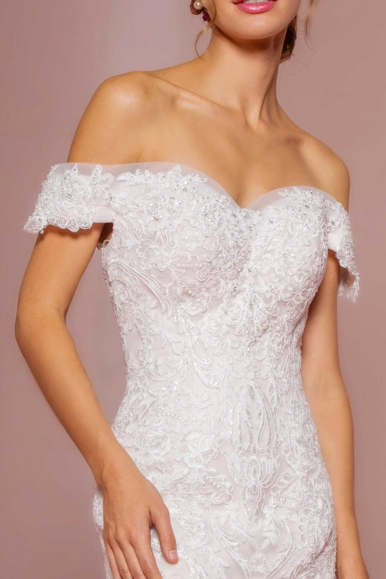 Cut-Away Shoulder Embroidered Mesh Mermaid Wedding Gown GLGL2594