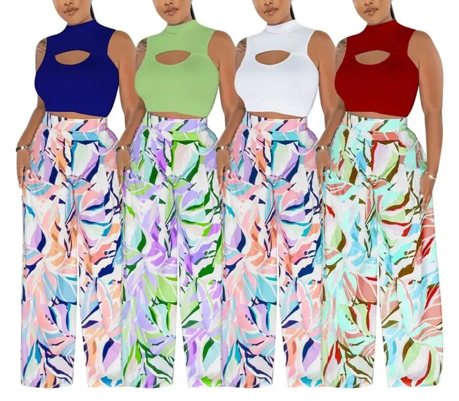 Cut-Out Crop Top Watercolor Pant Set