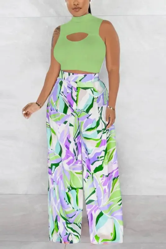 Cut-Out Crop Top Watercolor Pant Set