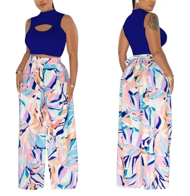 Cut-Out Crop Top Watercolor Pant Set