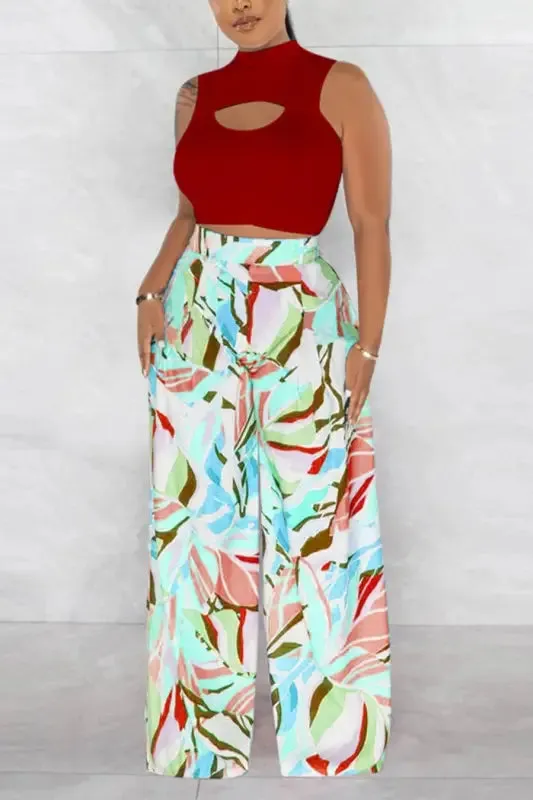 Cut-Out Crop Top Watercolor Pant Set