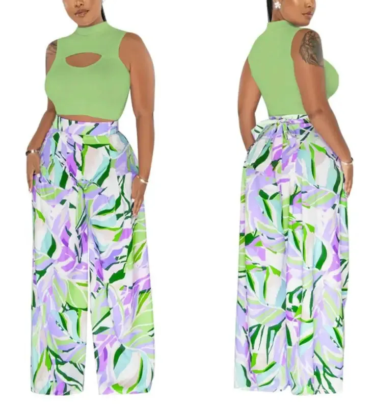 Cut-Out Crop Top Watercolor Pant Set