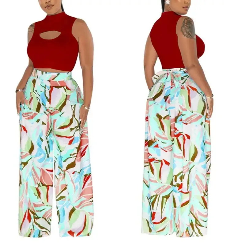Cut-Out Crop Top Watercolor Pant Set