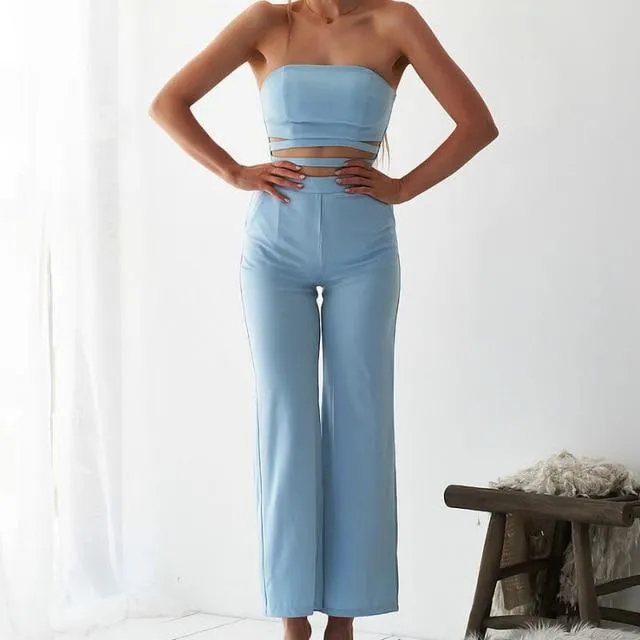 Cut Out Strapless Long Pants Pocket Romper Jumpsuit