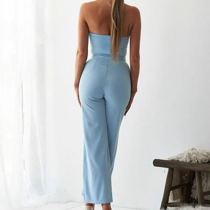 Cut Out Strapless Long Pants Pocket Romper Jumpsuit