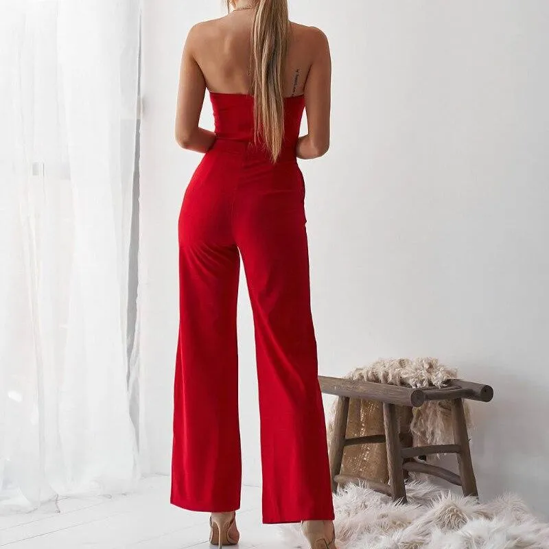 Cut Out Strapless Long Pants Pocket Romper Jumpsuit