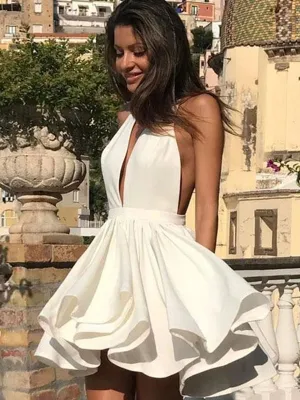 Cute Deep V Neck Backless Short White Prom Dresses, Halter Neck Graduation Homecoming Dresses